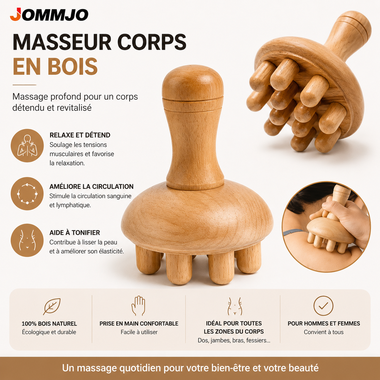Masseur en Bois Forme Champignon – Massage Thérapeutique & Drainage Lymphatique