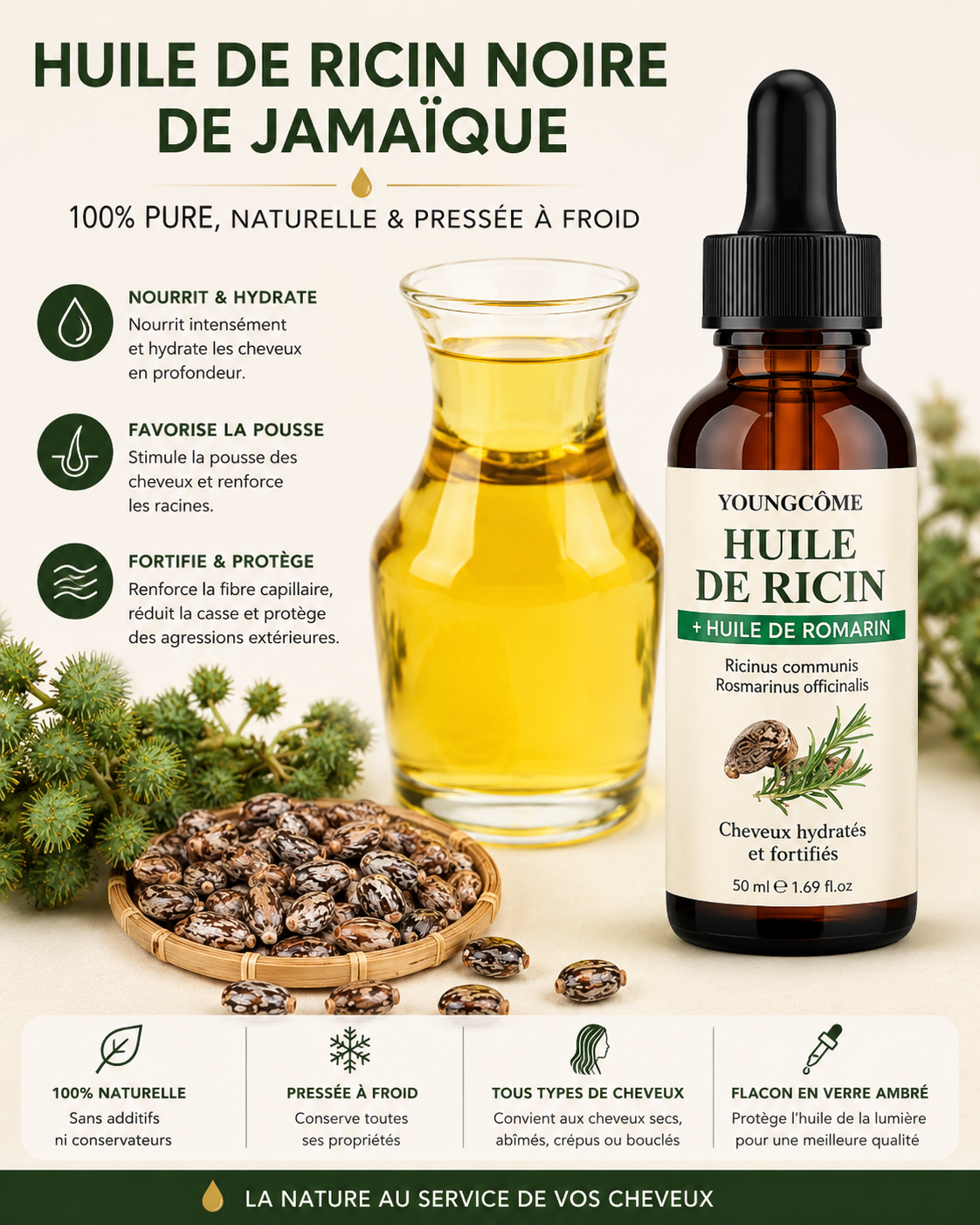 Huile de Ricin & Romarin Soin Capillaire Naturel