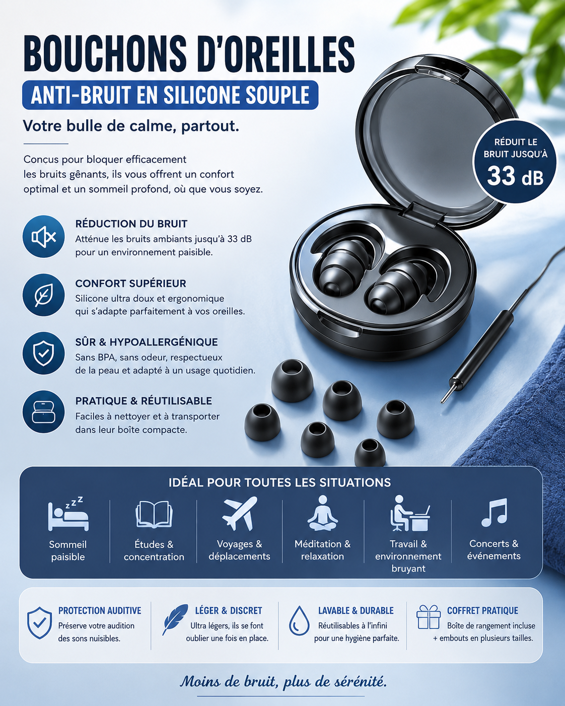 QuietBlue™ – Bouchons d'Oreilles Anti-Bruit pour un Sommeil Paisible