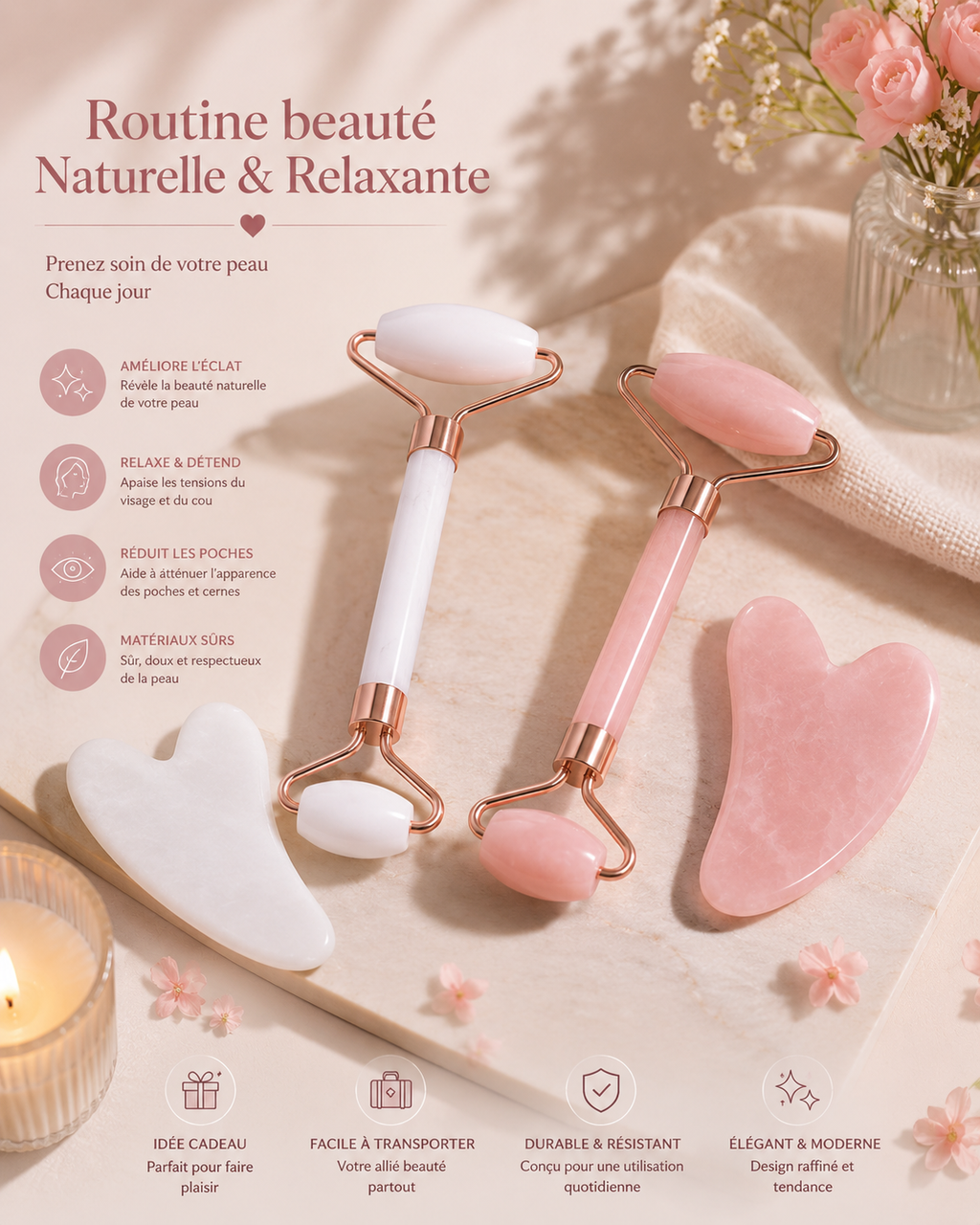 Rouleau de Massage Facial & Gua Sha – Routine Beauté Naturelle et Relaxante