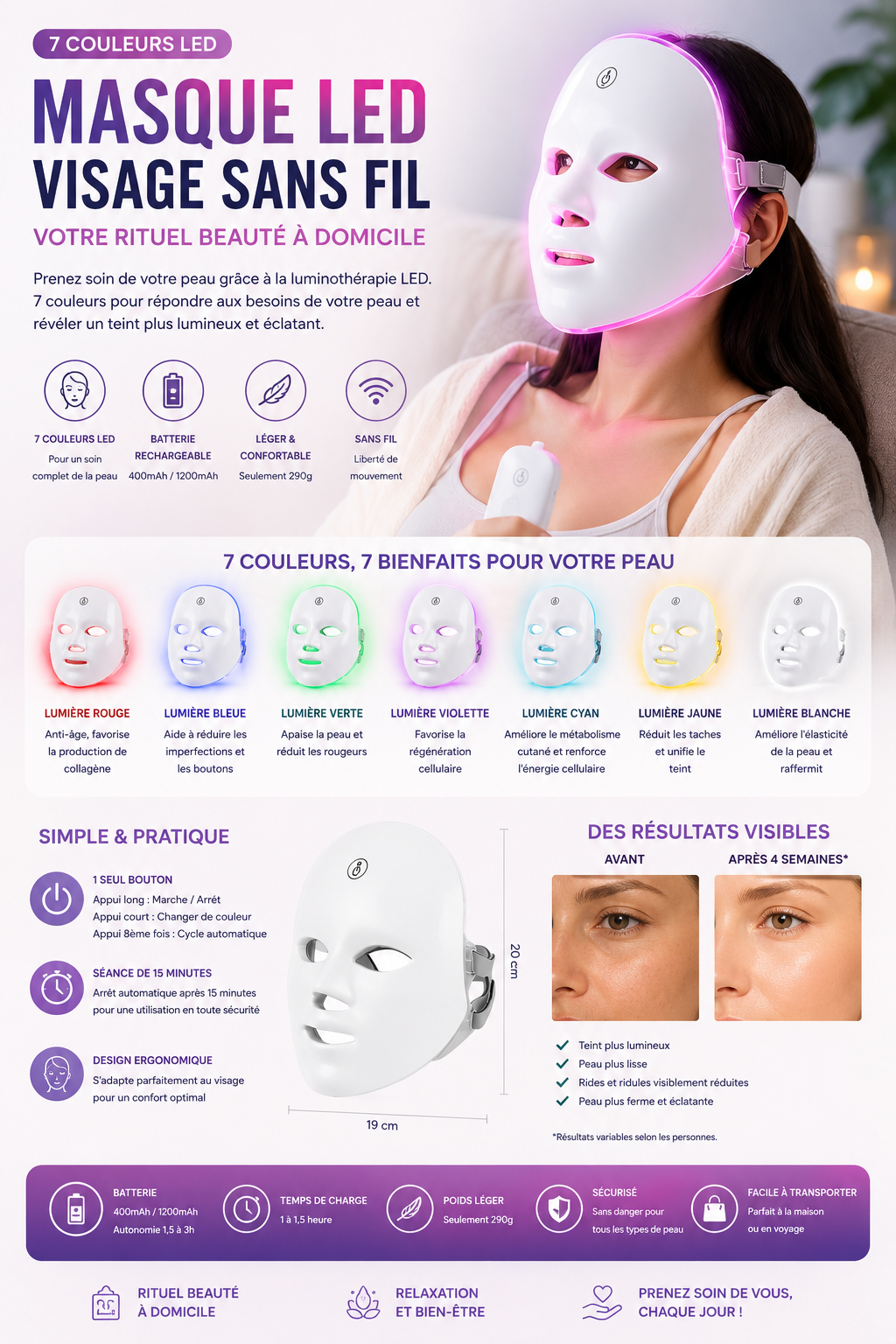 Masque LED Visage 7 Couleurs Sans Fil – Votre Rituel Beauté à Domicile