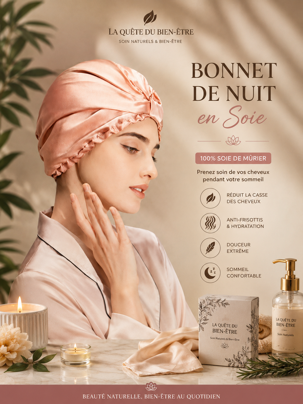 BONNET DE NUIT EN SOIE – DOUCEUR & SOIN DES CHEVEUX