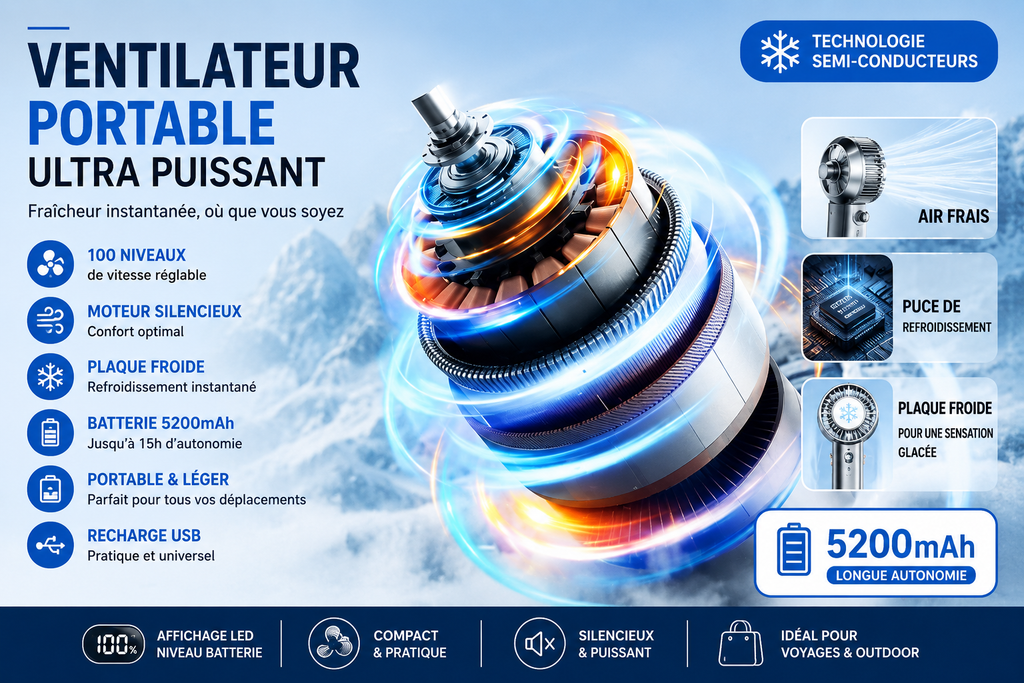 Ventilateur Portable Rafraîchissant – Effet Froid & 100 Vitesses