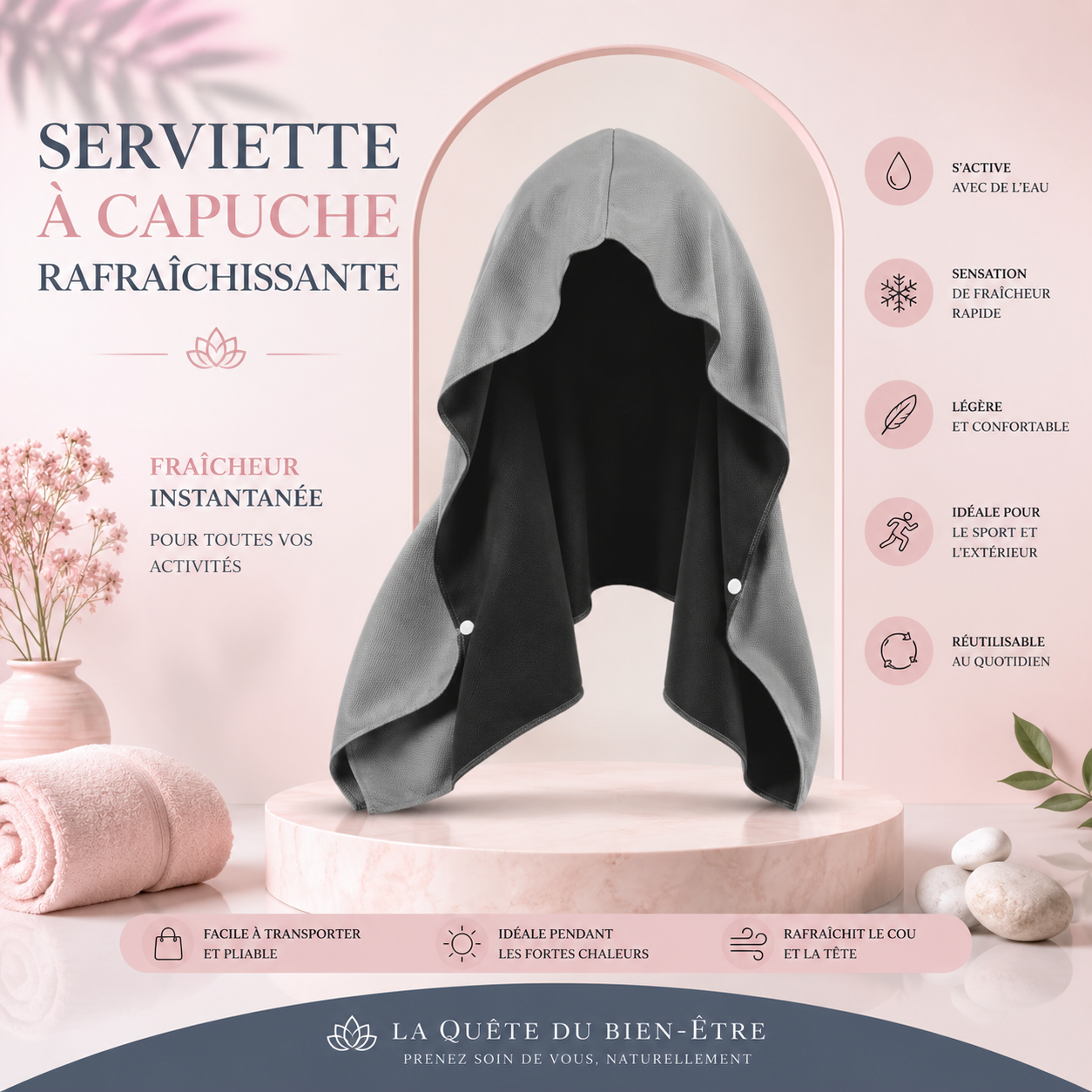Serviette Rafraîchissante à Capuche – Fraîcheur Instantanée