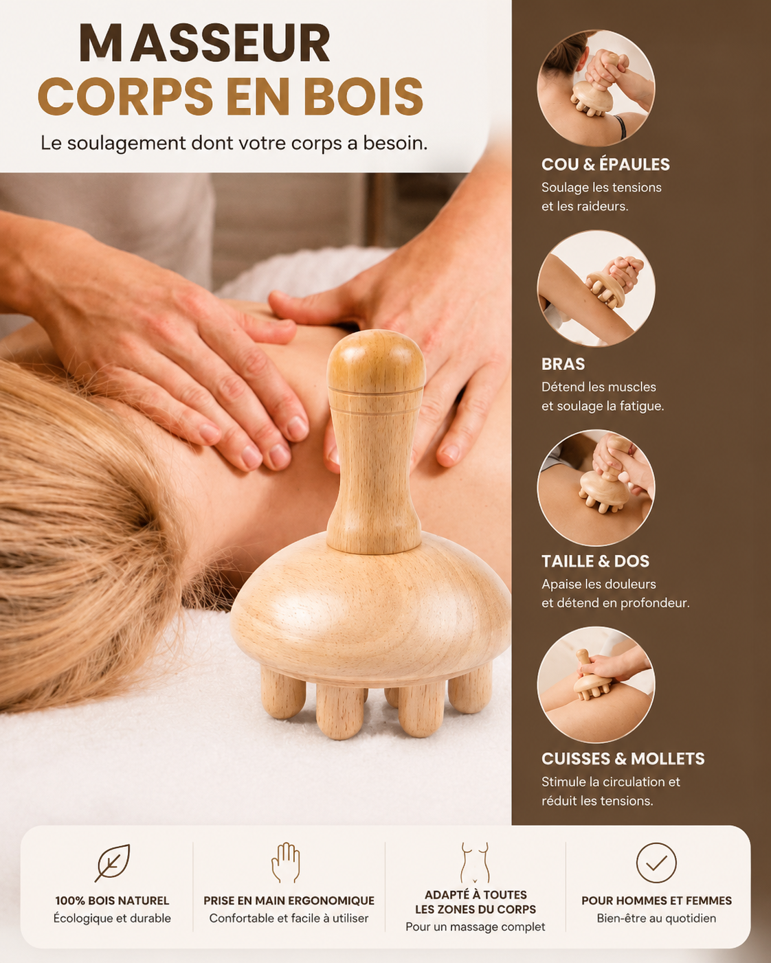Masseur en Bois Forme Champignon – Massage Thérapeutique & Drainage Lymphatique
