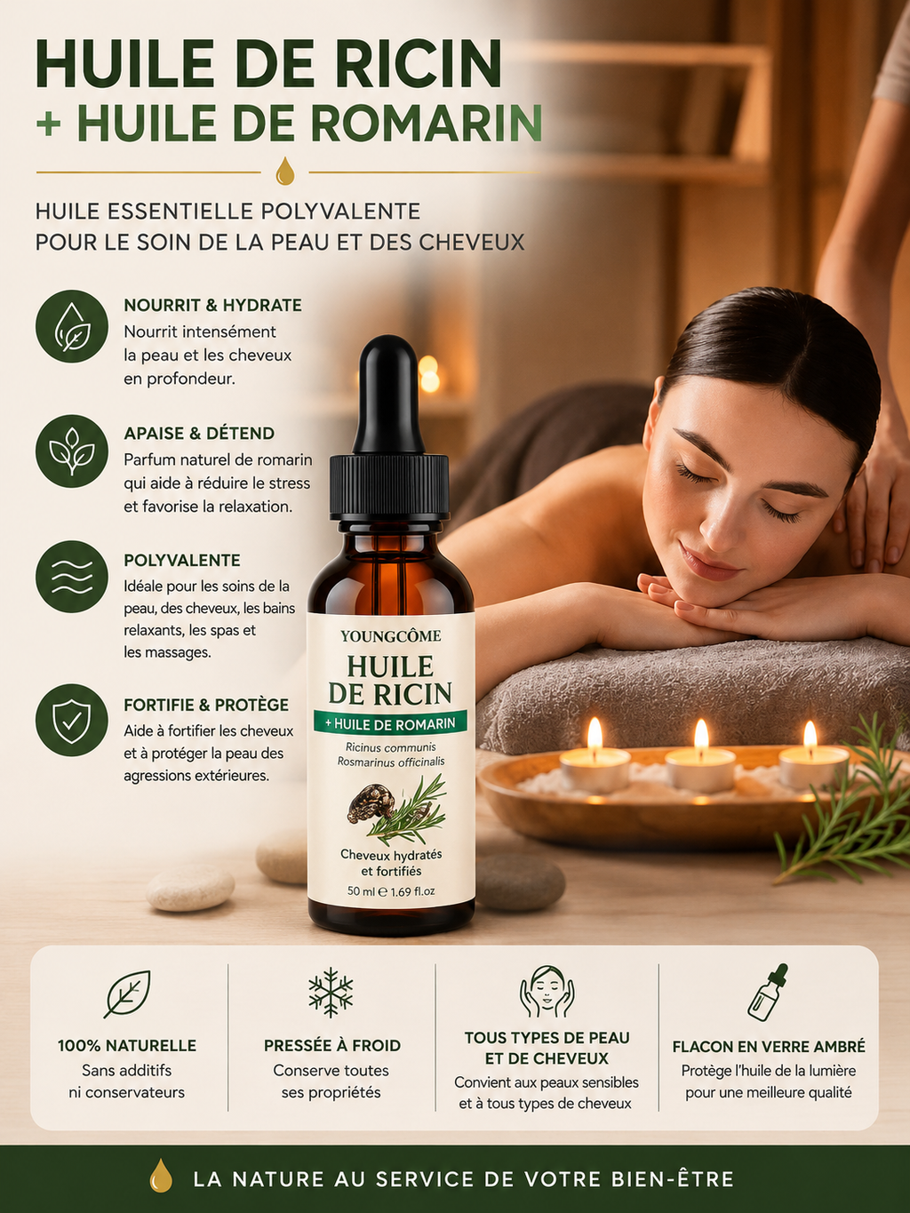 Huile de Ricin & Romarin Soin Capillaire Naturel