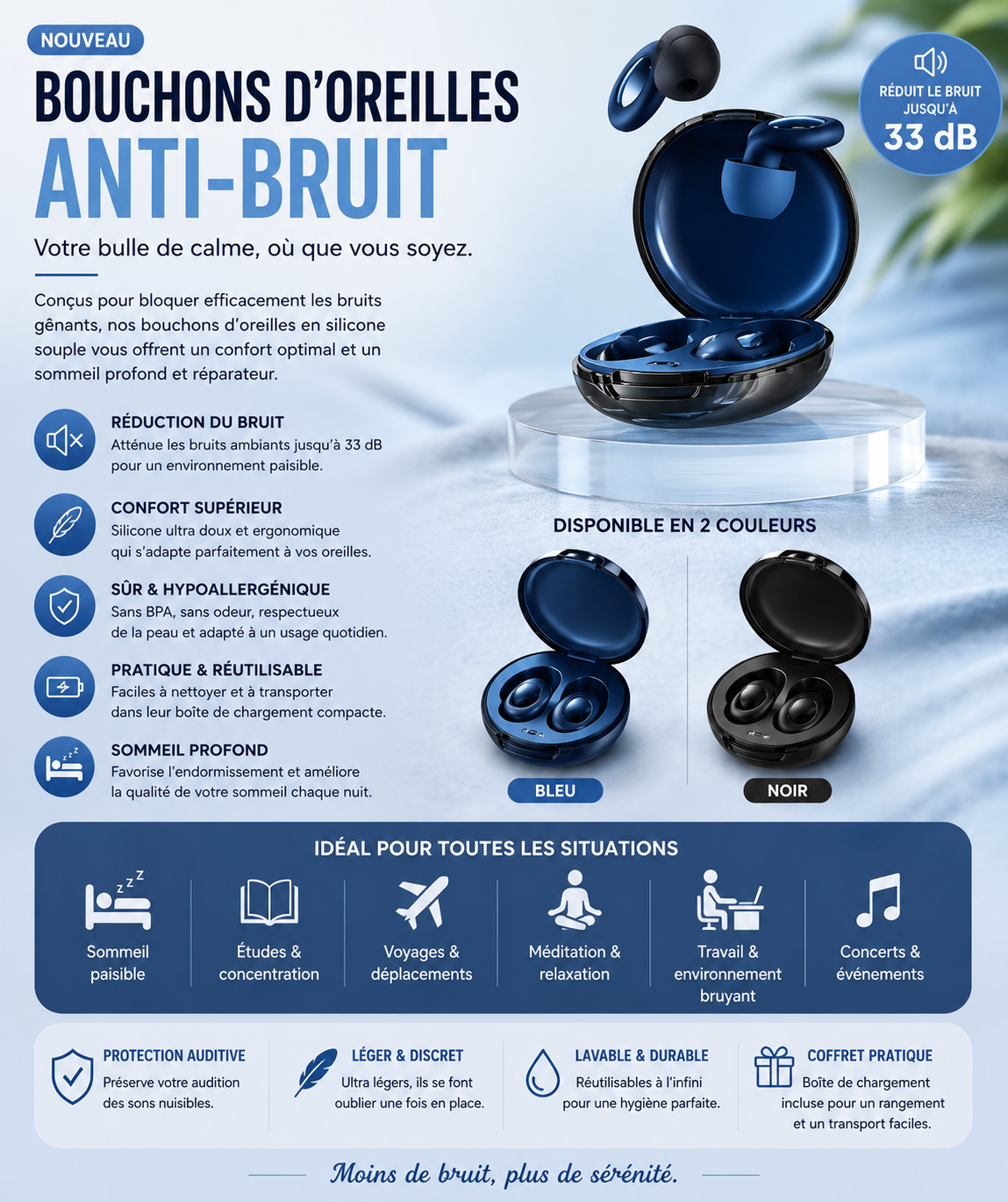 QuietBlue™ – Bouchons d'Oreilles Anti-Bruit pour un Sommeil Paisible