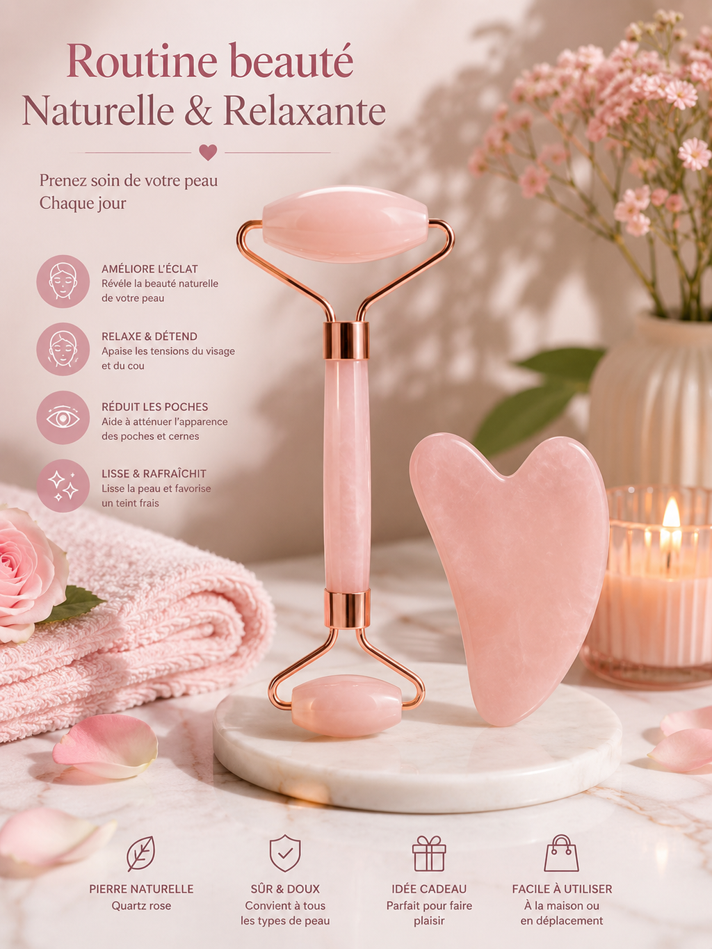 Rouleau de Massage Facial & Gua Sha – Routine Beauté Naturelle et Relaxante