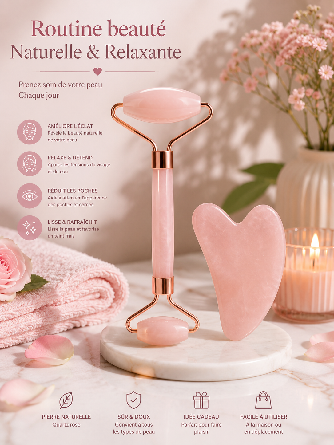Rouleau de Massage Facial & Gua Sha – Routine Beauté Naturelle et Relaxante