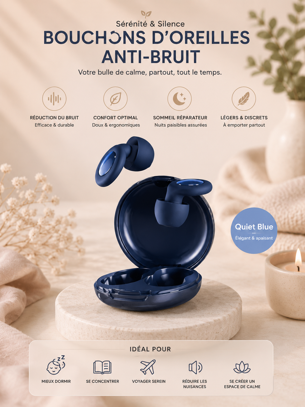 QuietBlue™ – Bouchons d'Oreilles Anti-Bruit pour un Sommeil Paisible