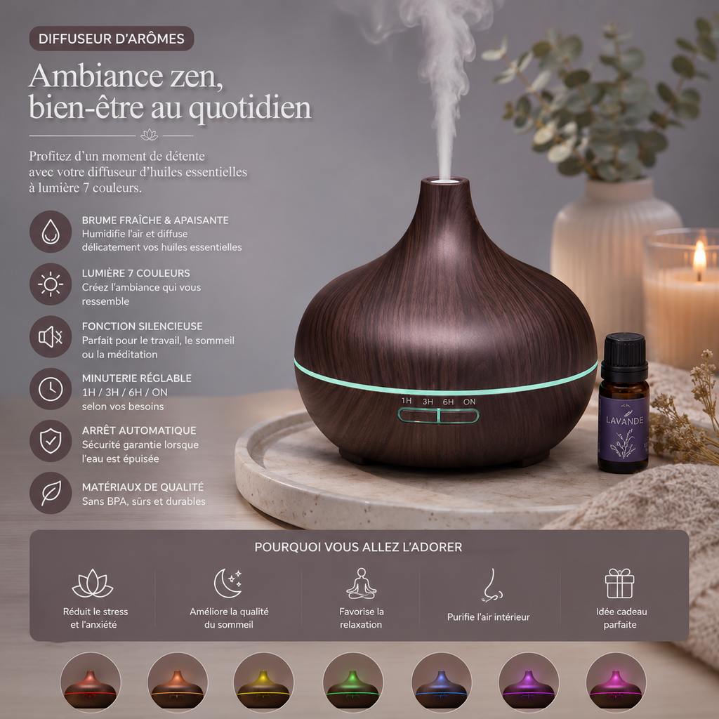 Diffuseur d'Arômes LED Effet Bois – Ambiance Zen & Relaxante