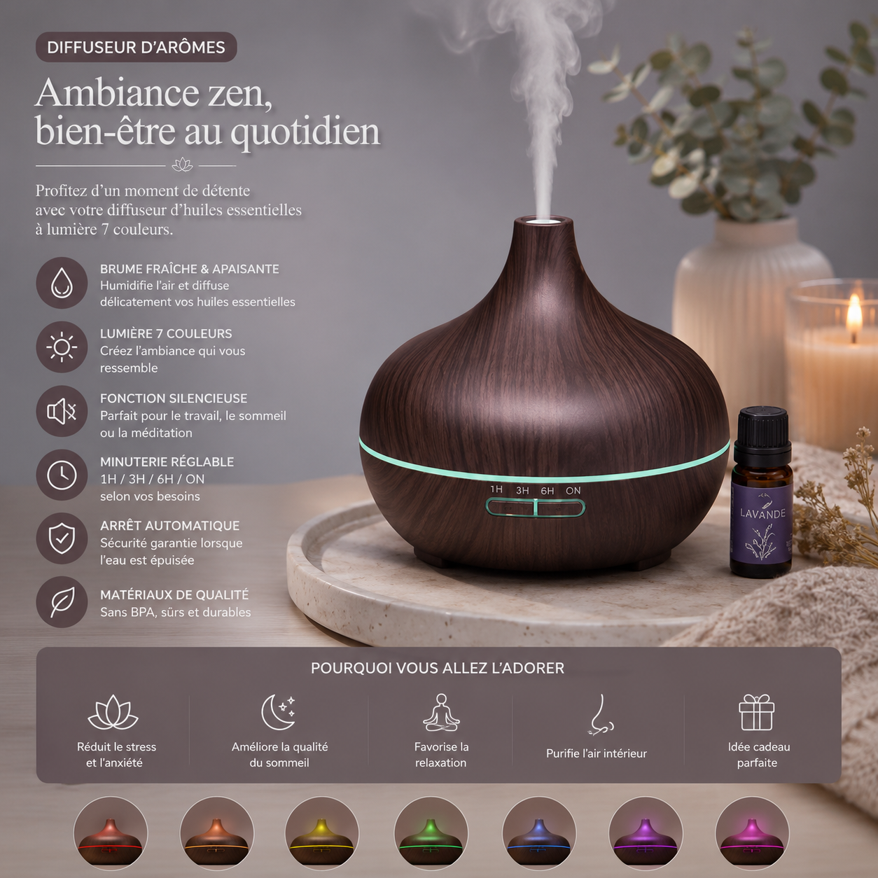 Diffuseur d'Arômes LED Effet Bois – Ambiance Zen & Relaxante