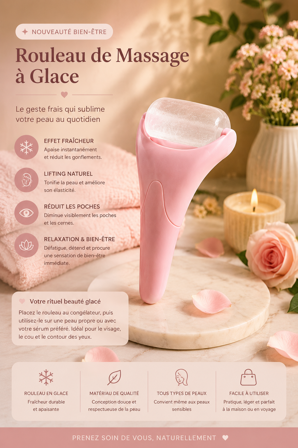 Rouleau de Massage à Glace – Lifting & Éclat du Visage