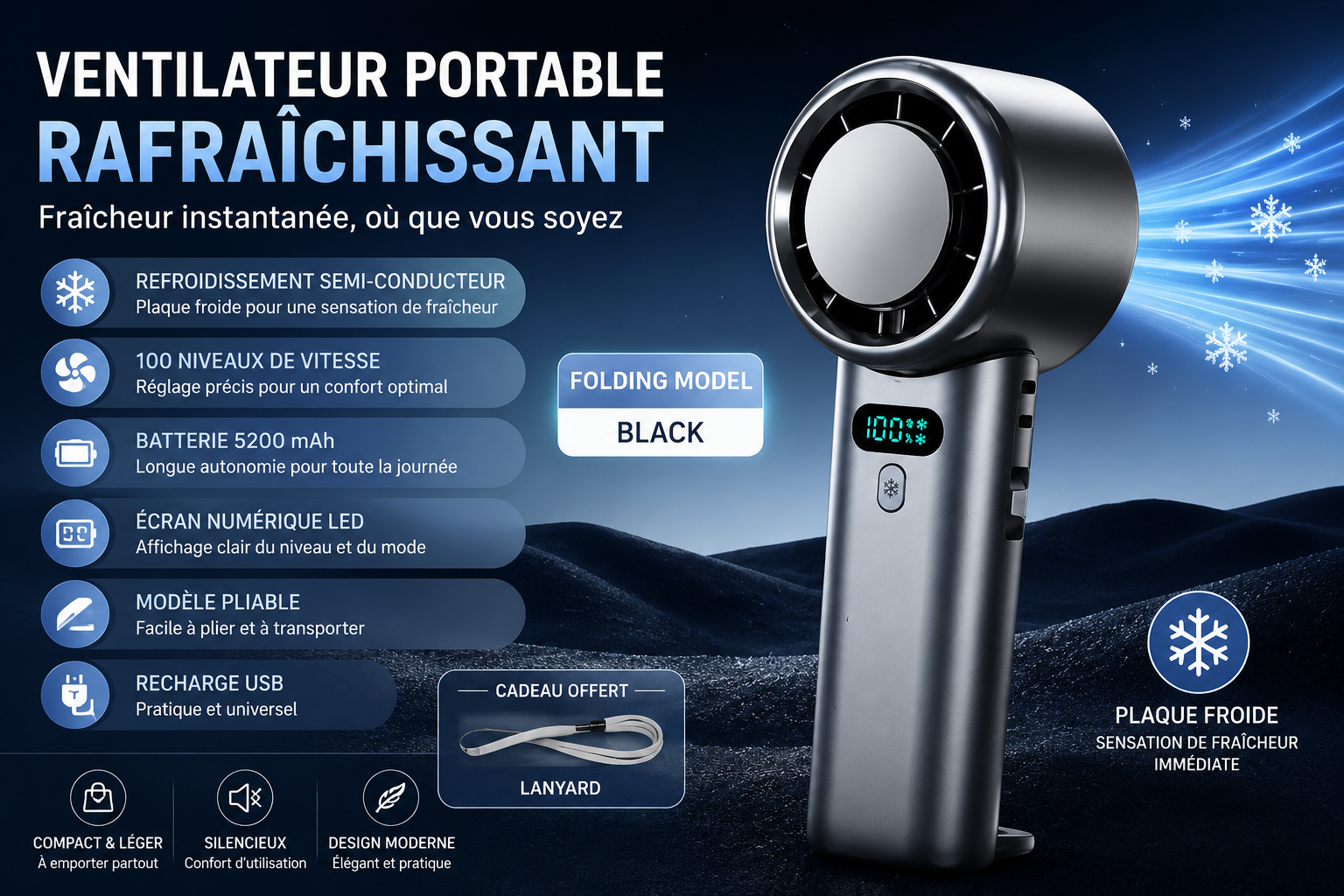 Ventilateur Portable Rafraîchissant – Effet Froid & 100 Vitesses