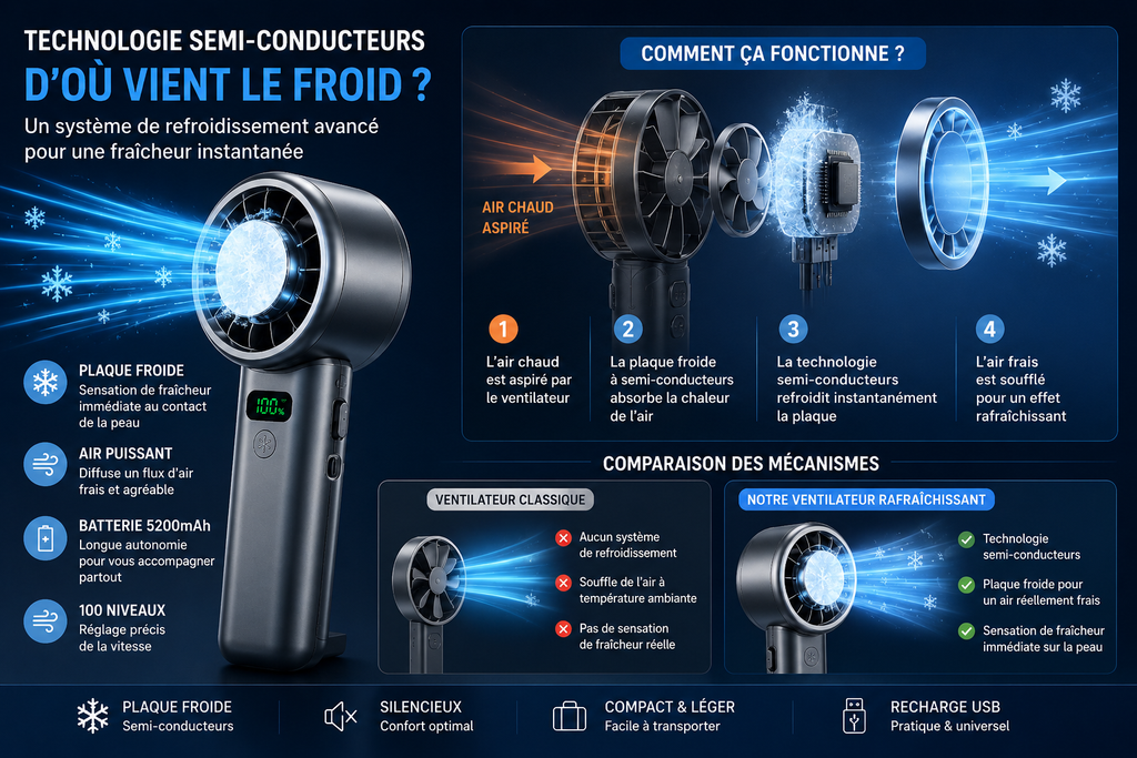 Ventilateur Portable Rafraîchissant – Effet Froid & 100 Vitesses