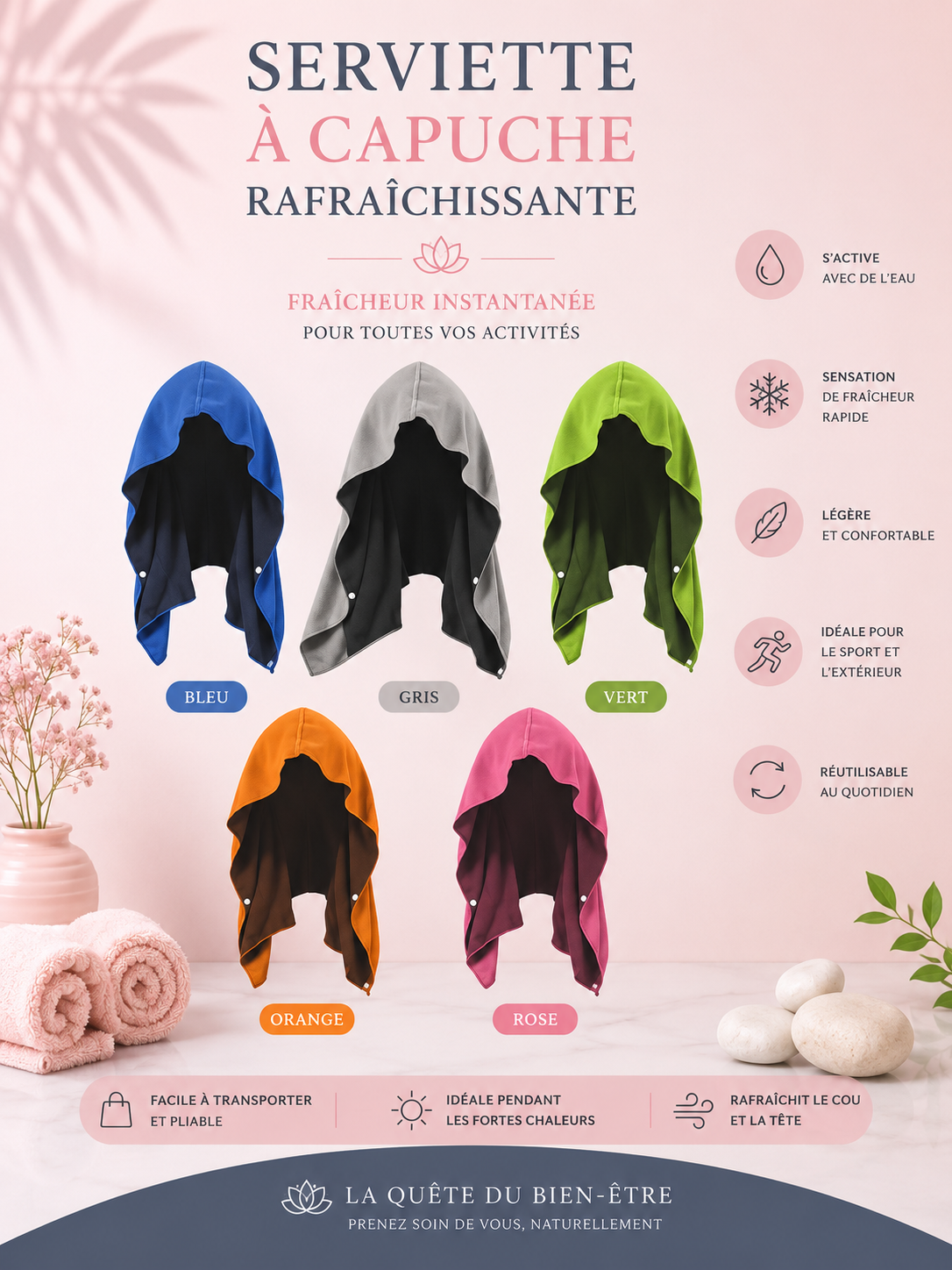 Serviette Rafraîchissante à Capuche – Fraîcheur Instantanée