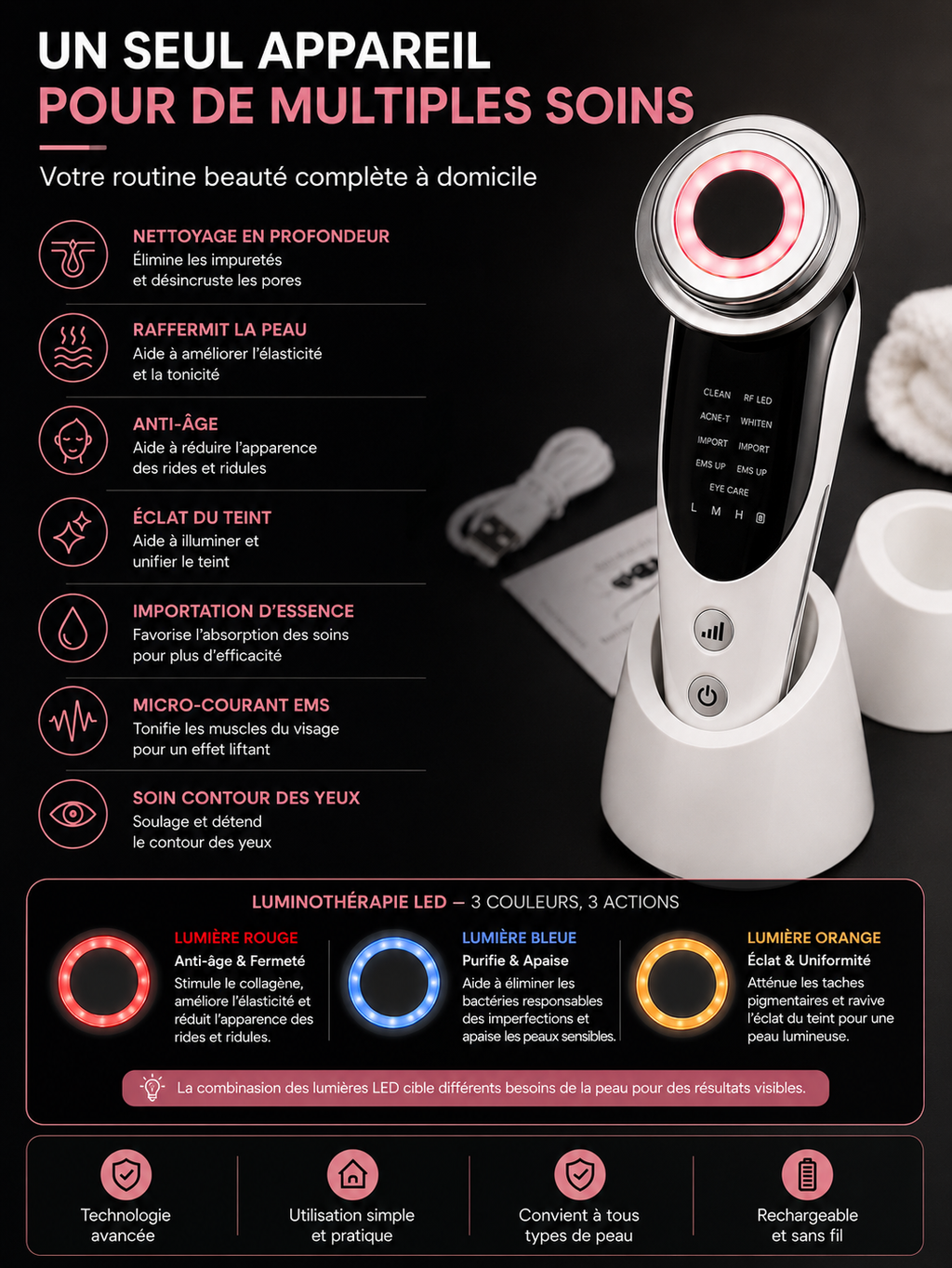 SkinLift Pro 7-en-1 – Appareil Visage EMS & LED