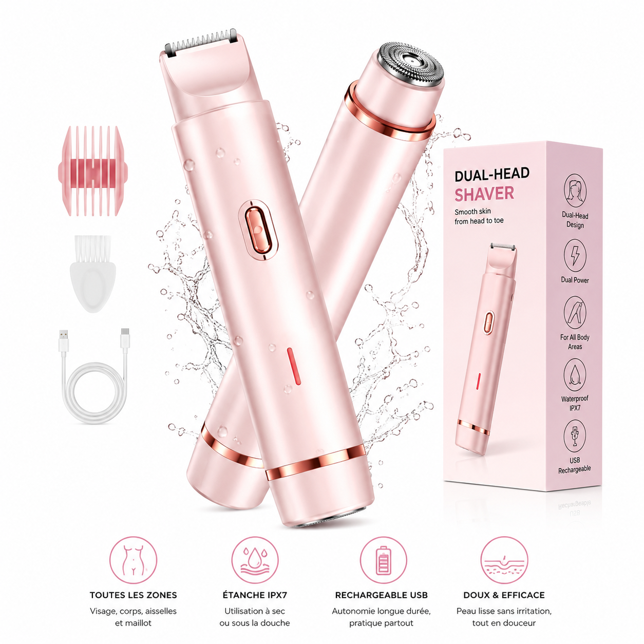 Rasoir Électrique Femme 2-en-1 – Tondeuse Bikini, jambes, aisselles et visage